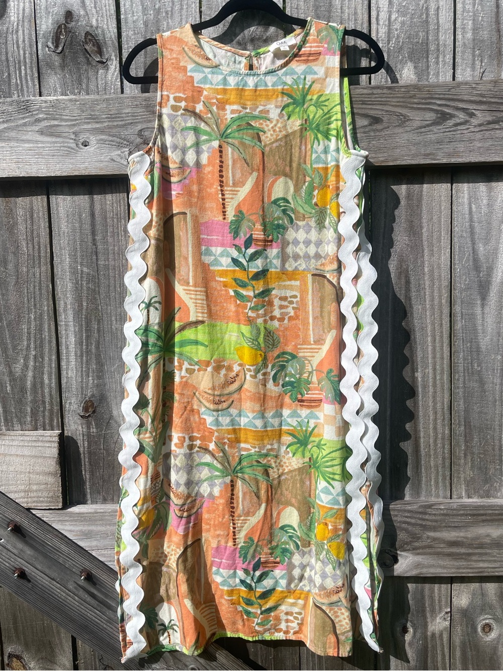 Oddi Los Angeles Tropical Scallop-Trim Maxi Dress in Orange and Green Sz S
